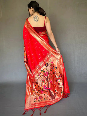 Back view of Royal Red Paithani saree showcasing zari design.