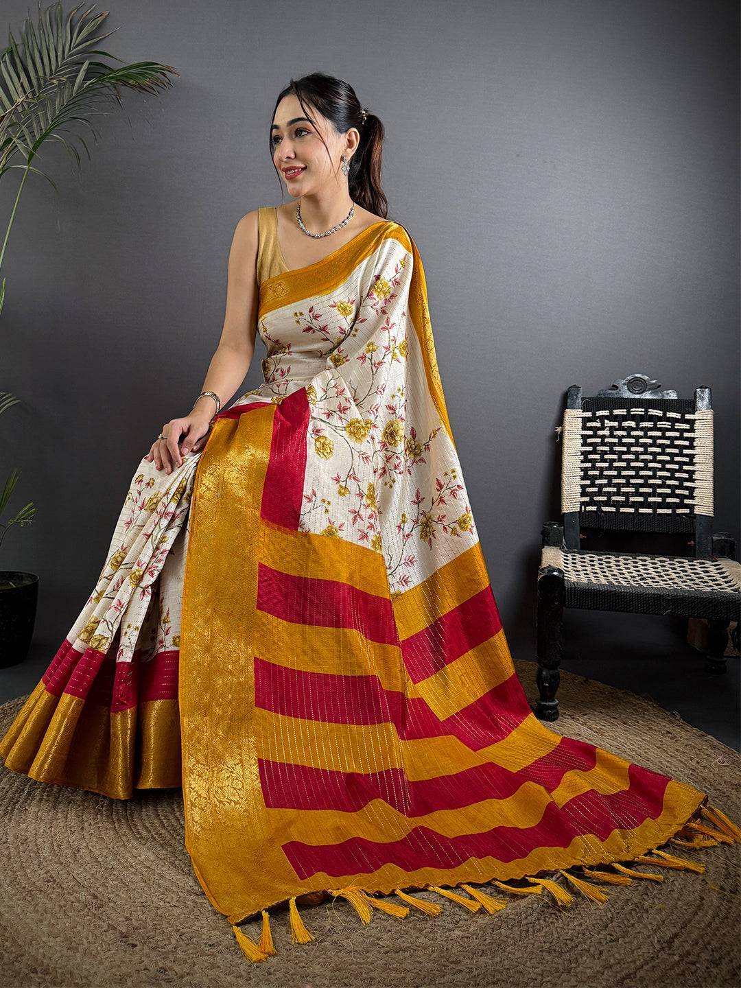 Yellow Soft Dola Silk Zari Katha Saree

