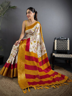 Yellow Soft Dola Silk Zari Katha Saree

