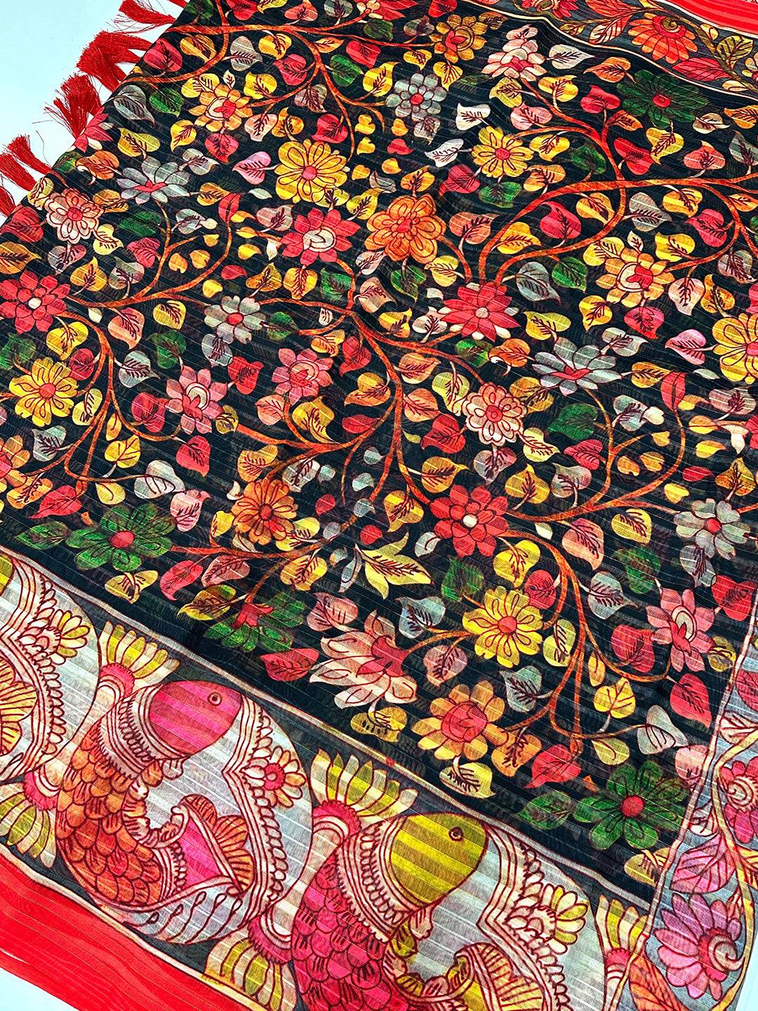 Close-up of floral pattern on Kalamkari Linen Saree
