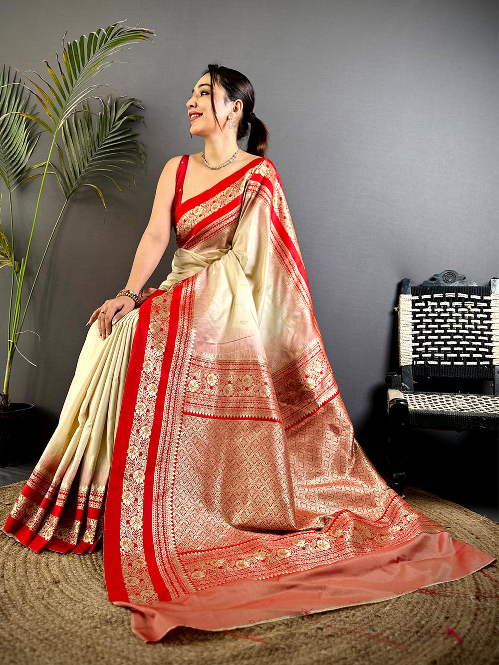 Gold Zari Woven Cream Soft Silk Saree
