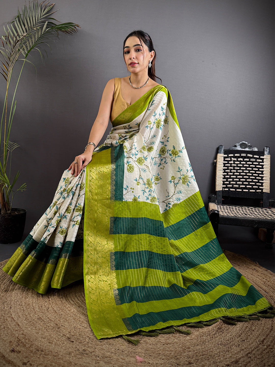 Green Soft Dola Silk Zari Katha Saree