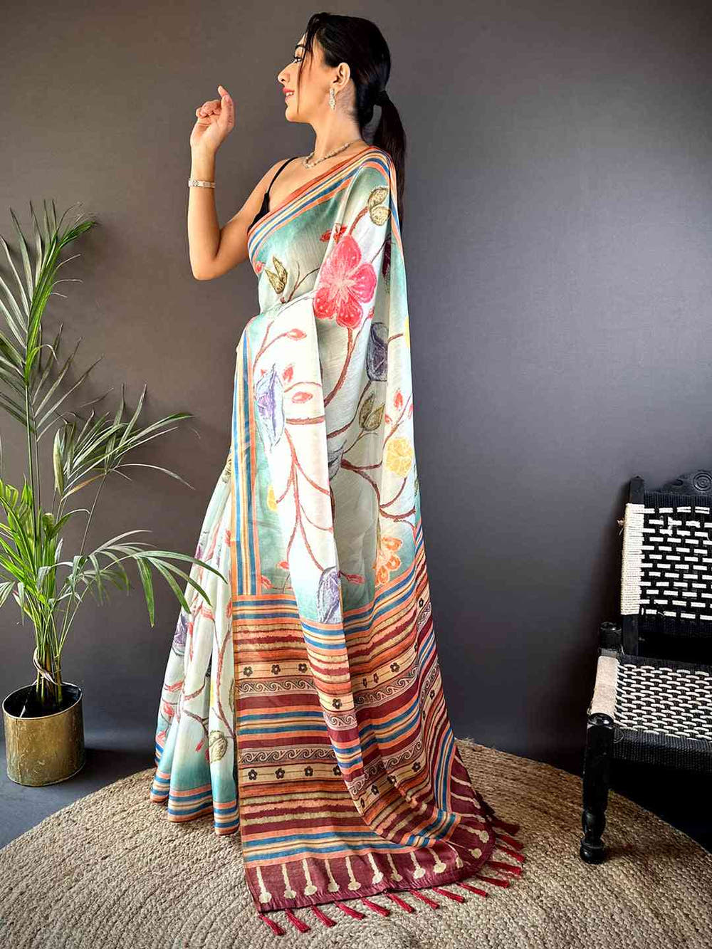 Floral Breeze Blue Chanderi Saree