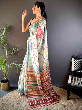 Floral Breeze Blue Chanderi Saree