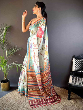 Floral Breeze Blue Chanderi Saree