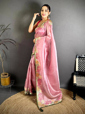Pink Silky Tissue Resham Border Saree