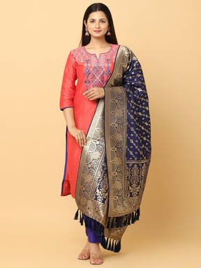 Front view of navy silk blend dupatta with elegant woven pattern