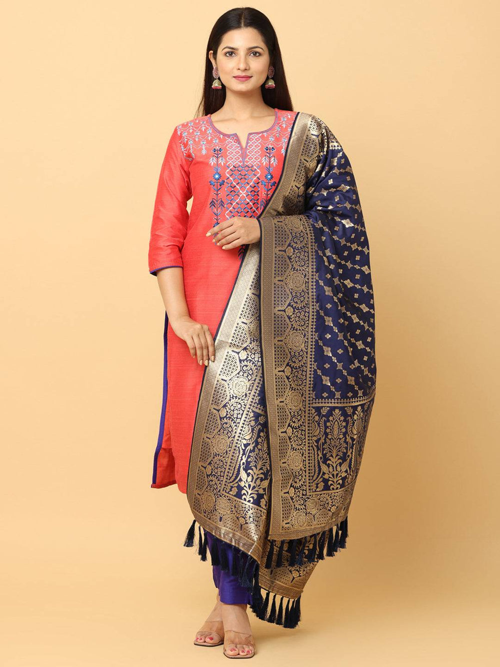 Front view of navy silk blend dupatta with elegant woven pattern