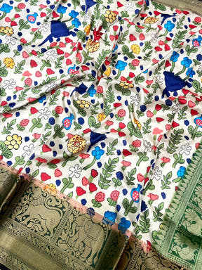 Green Floral Printed Banarasi Saree