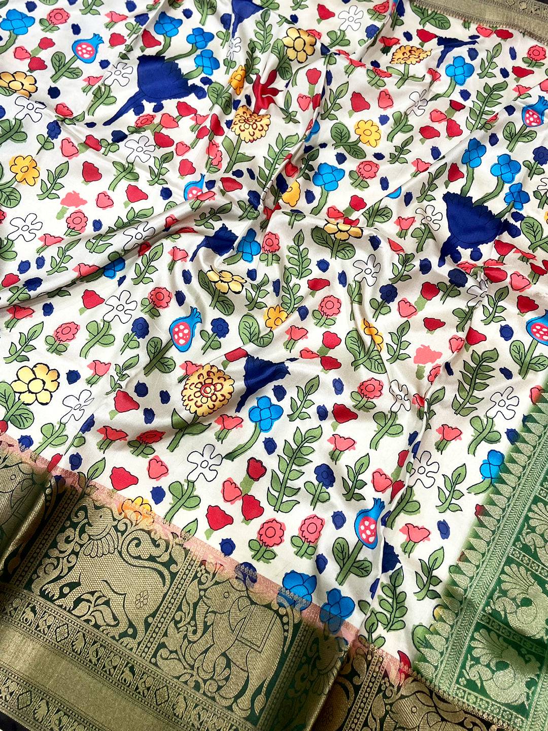Green Floral Printed Banarasi Saree