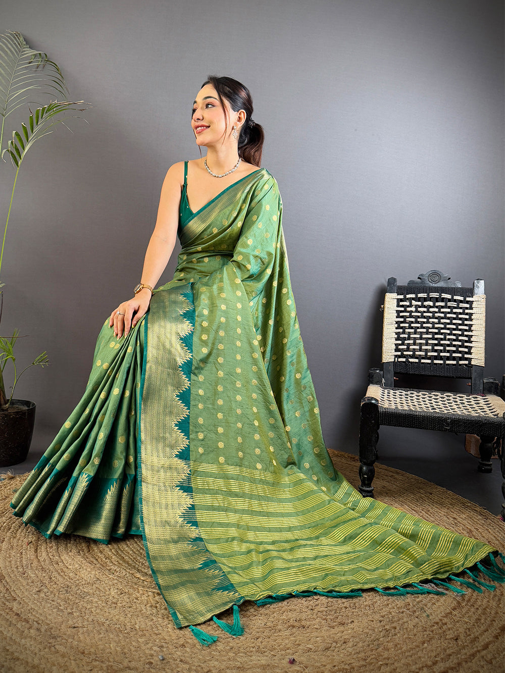 Green Hand Dyed Raw Silk Saree