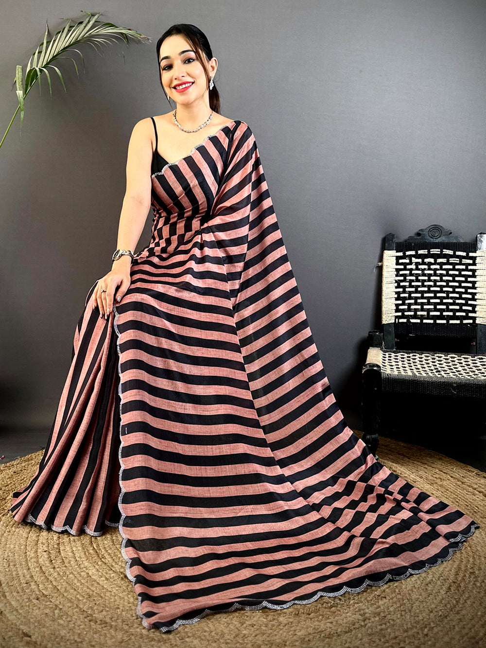 Radiance Soft Chiffon Swarovski Striped Saree
