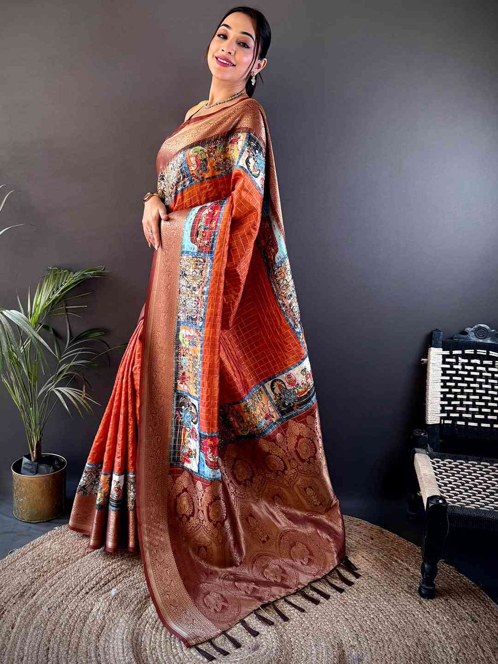 Rust Orange Tussar Silk Kalamkari Checkered Saree