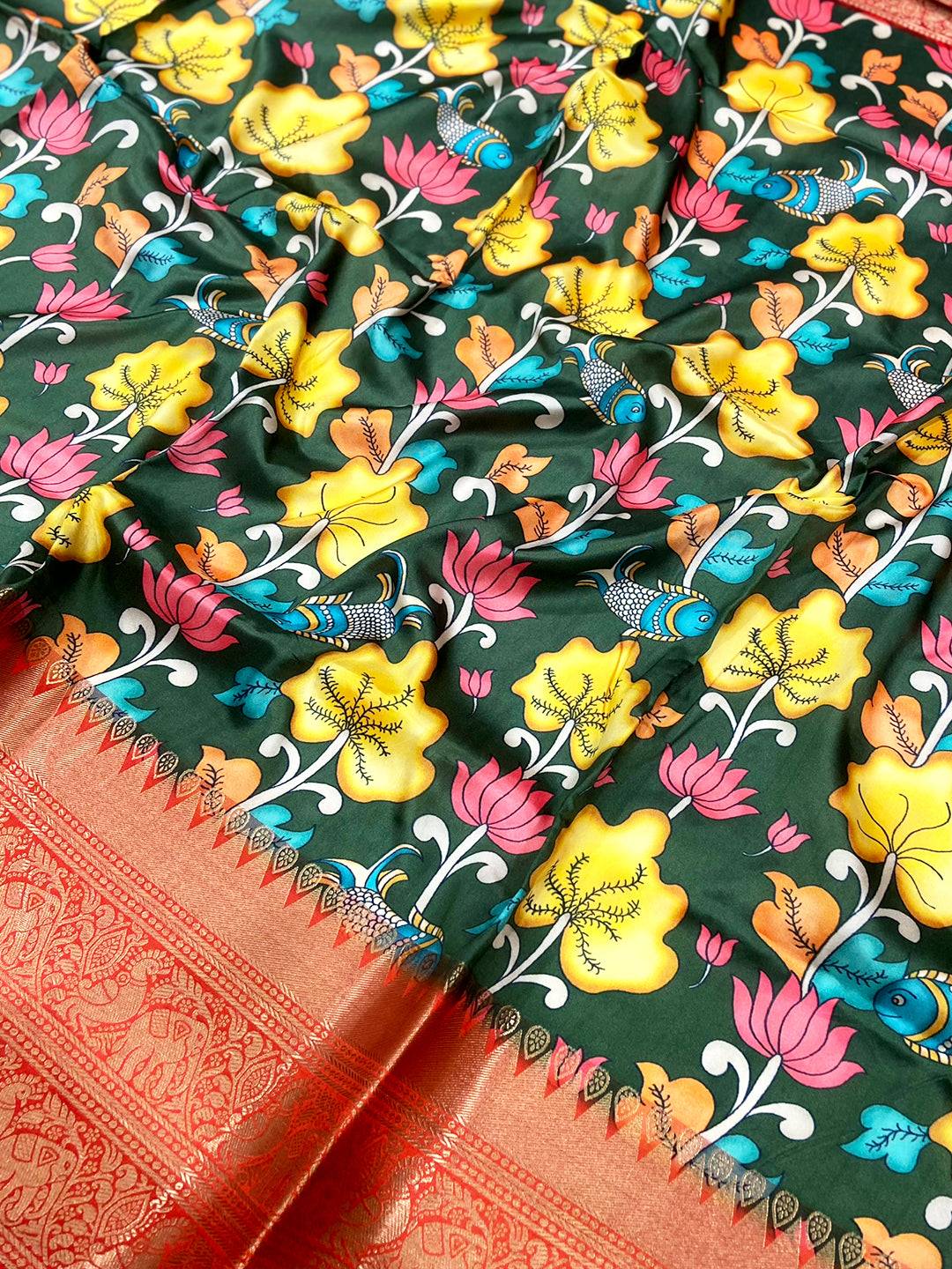 Bottle Green Floral Printed Banarasi Saree