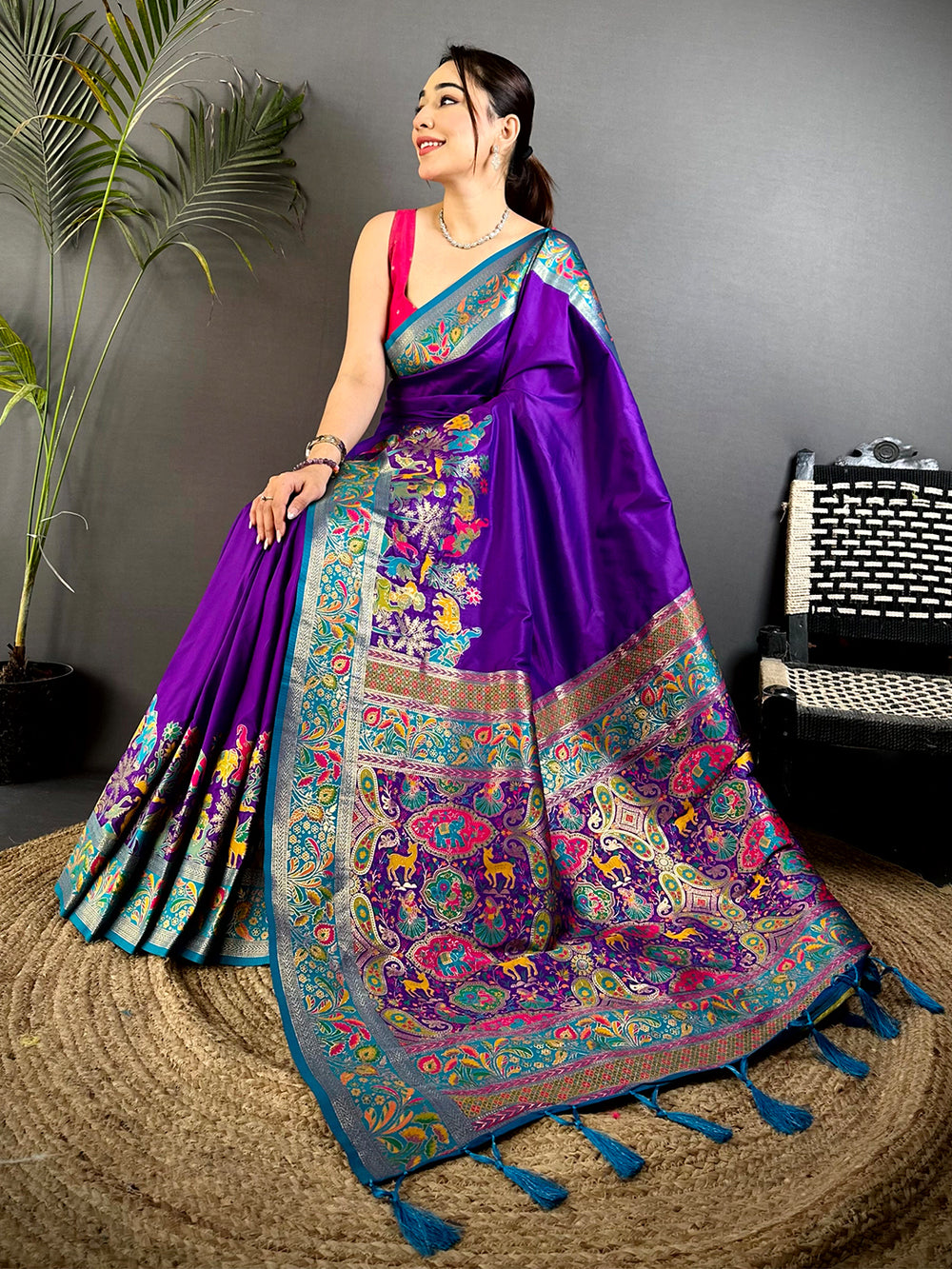 Purple Soft Semi Silk Minakari Weave Saree
