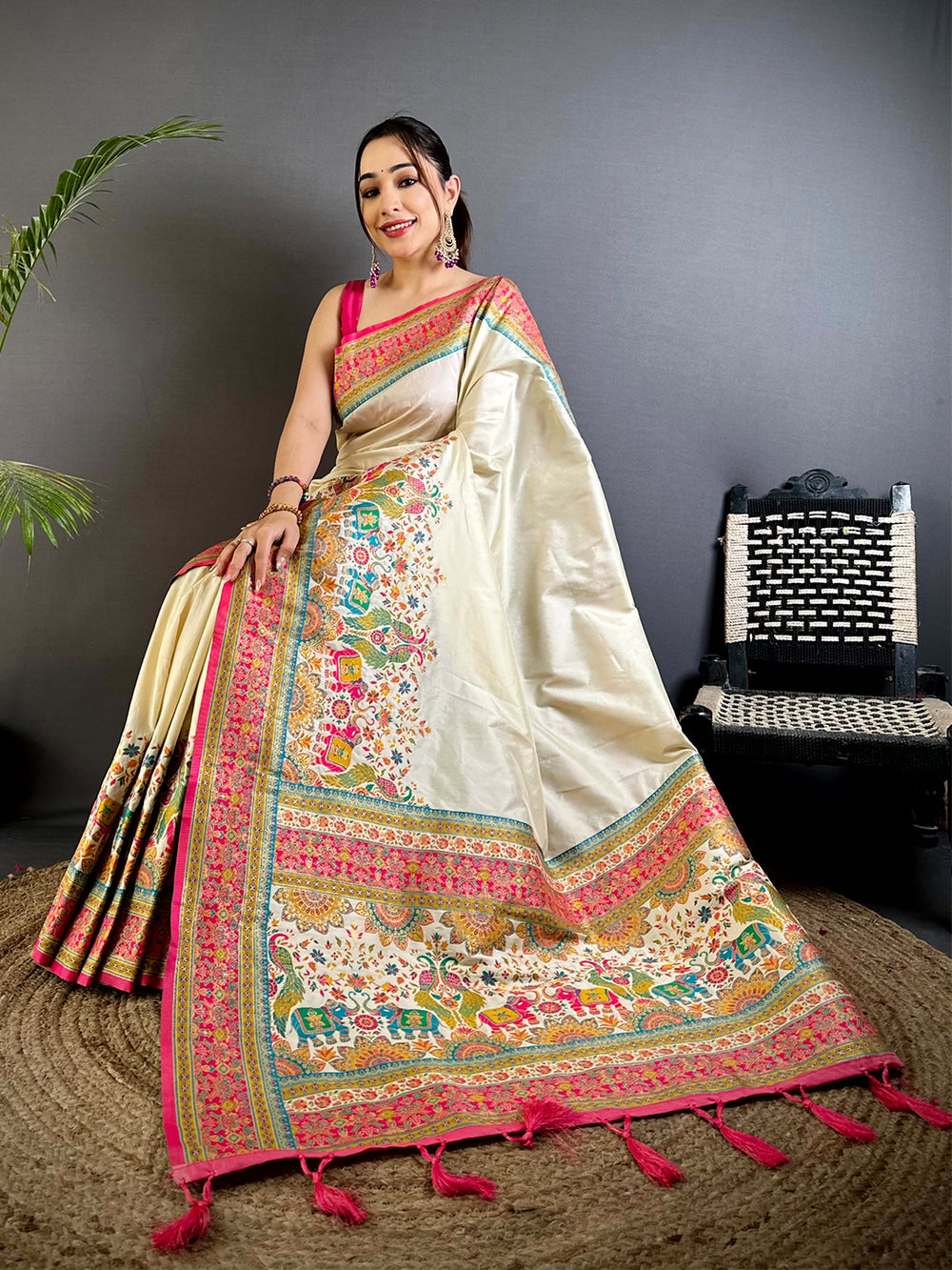 Cream Kashmiri Art Soft Silk Saree
