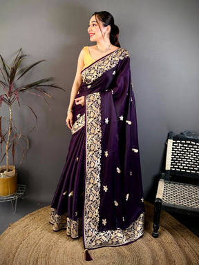 Purple Aari Bird Work Soft Satin Saree