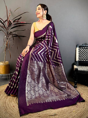 Dark Purple Geometric Zari Weave Banarasi Saree