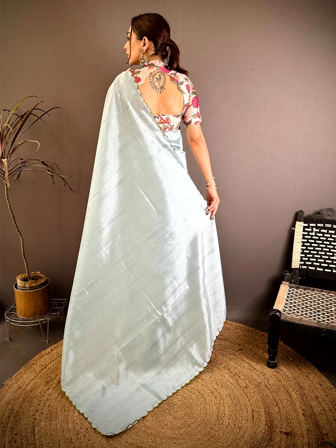 Tussar Silk Resham Embroidery Cutwork Saree