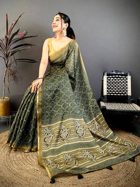 Olive Ajrakh Digital Print Kota Saree