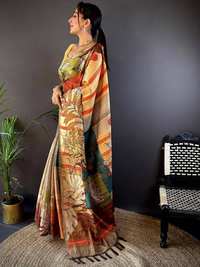 Tan Beige Tussar Silk Floral Prints Saree