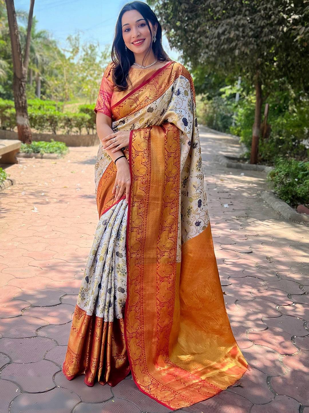 Full view of red and gold Banarasi silk saree worn by woman