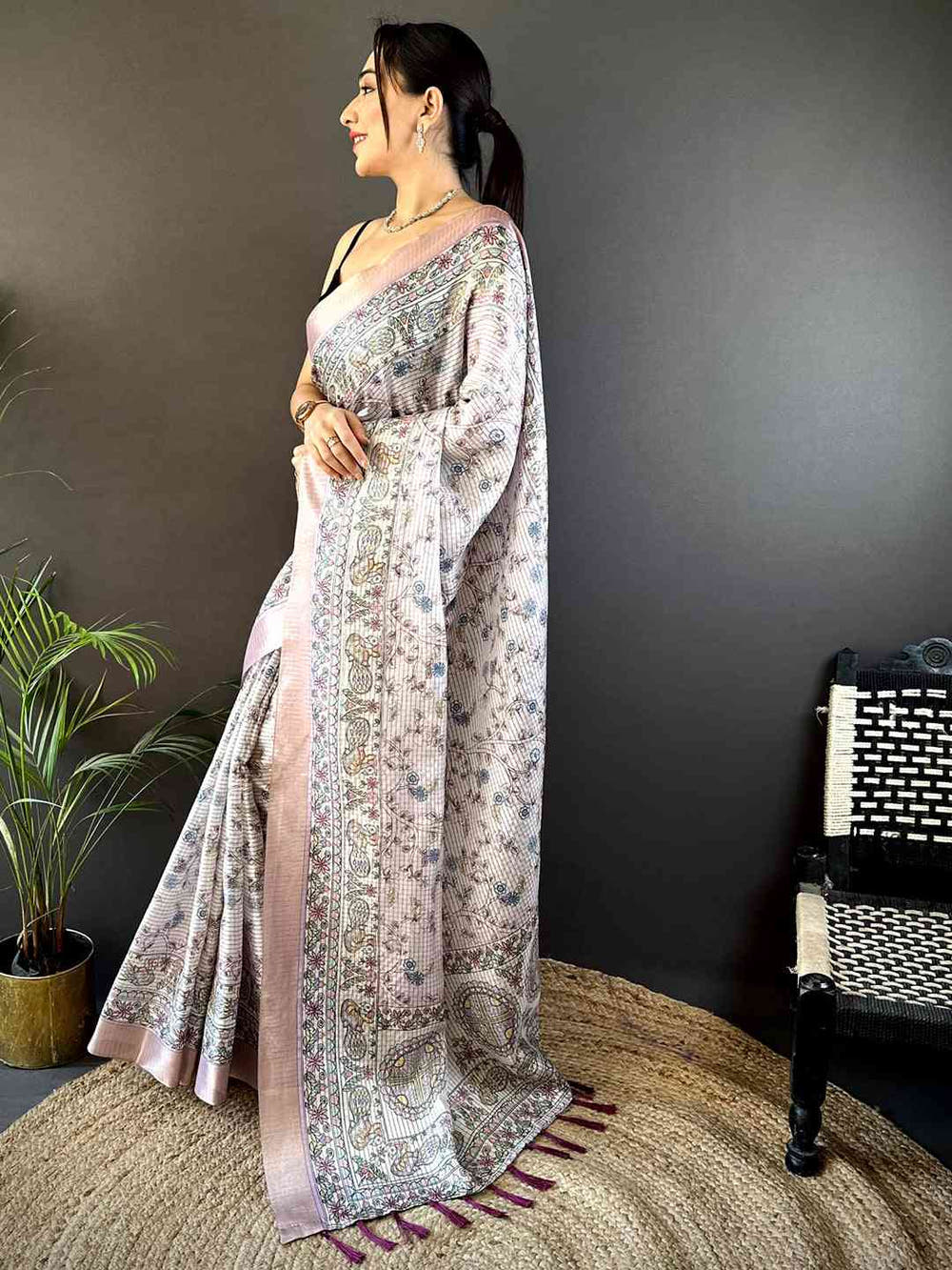 Light Pink Chanderi Madhubani Black Chex Saree