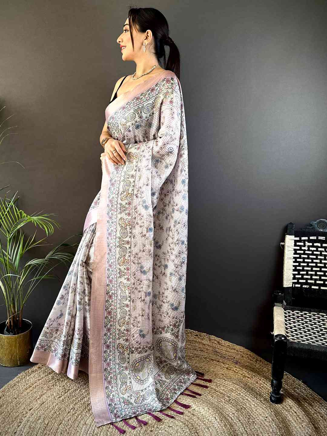 Light Pink Chanderi Madhubani Black Chex Saree