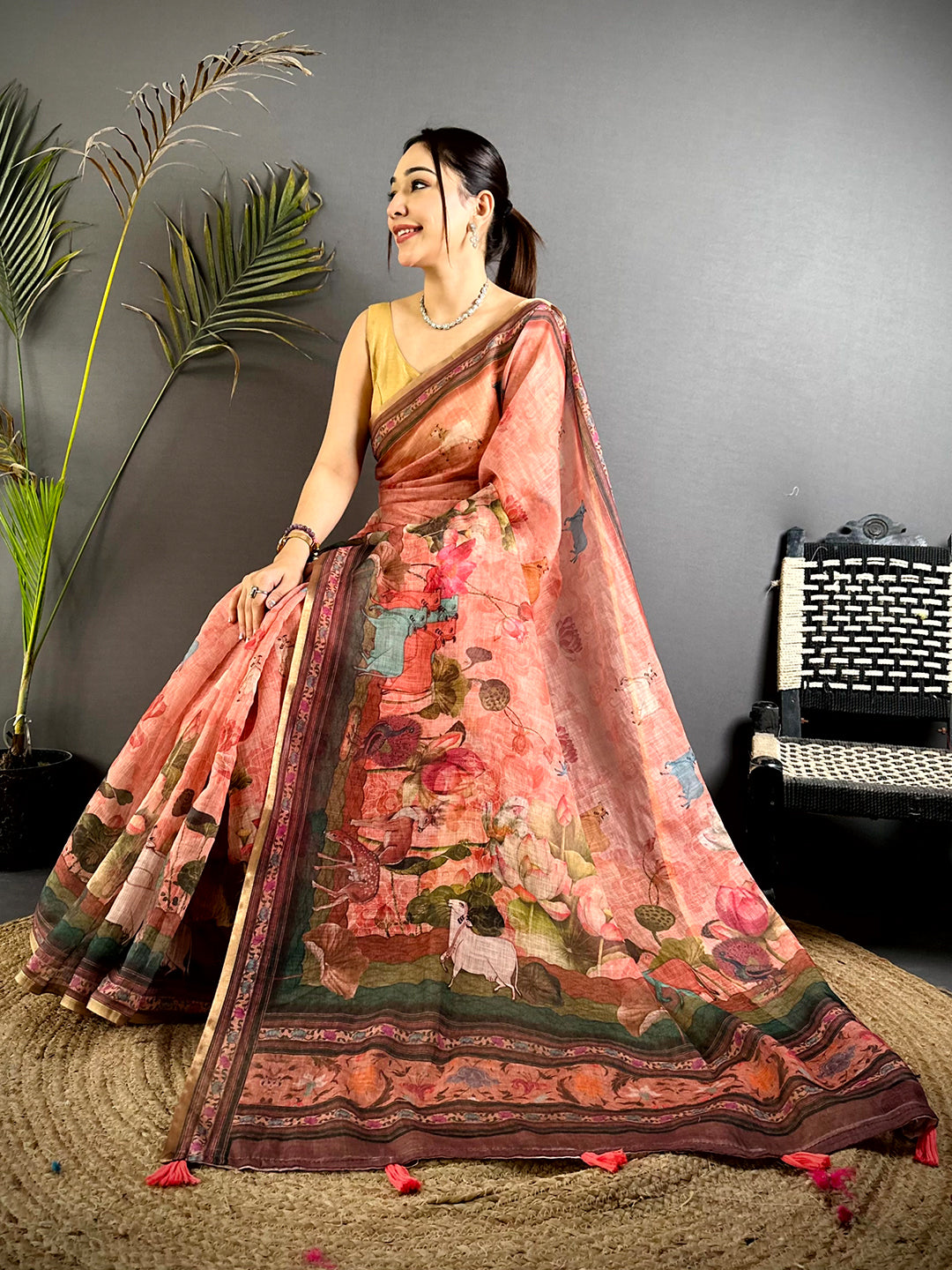 Peach Pichwai Kalamkari Linen Saree