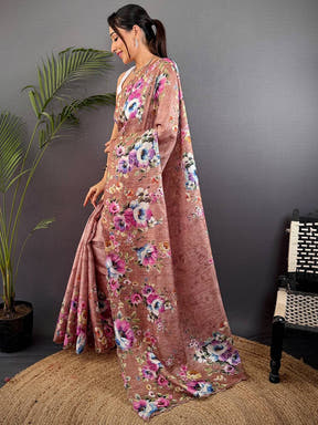 Brown Kota Doriya Floral Cut Work Saree