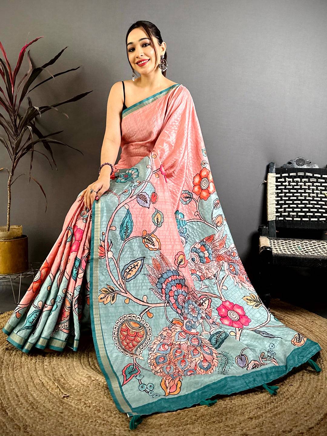 Radiant Tussar Ghicha Kalamkari Saree