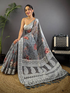 Grey Lakhnavi Linen Digital Print Saree