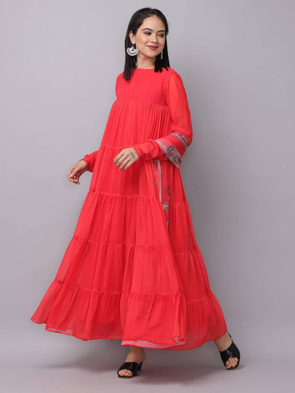 Fiery Red Churidar Sleeves Dress side view