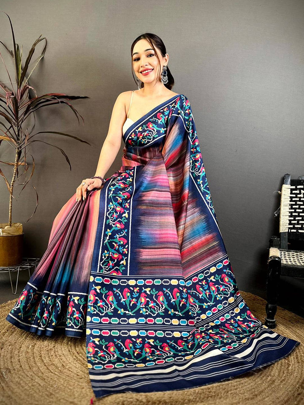 Vibrant Parrot Ikkat Print Tussar Saree