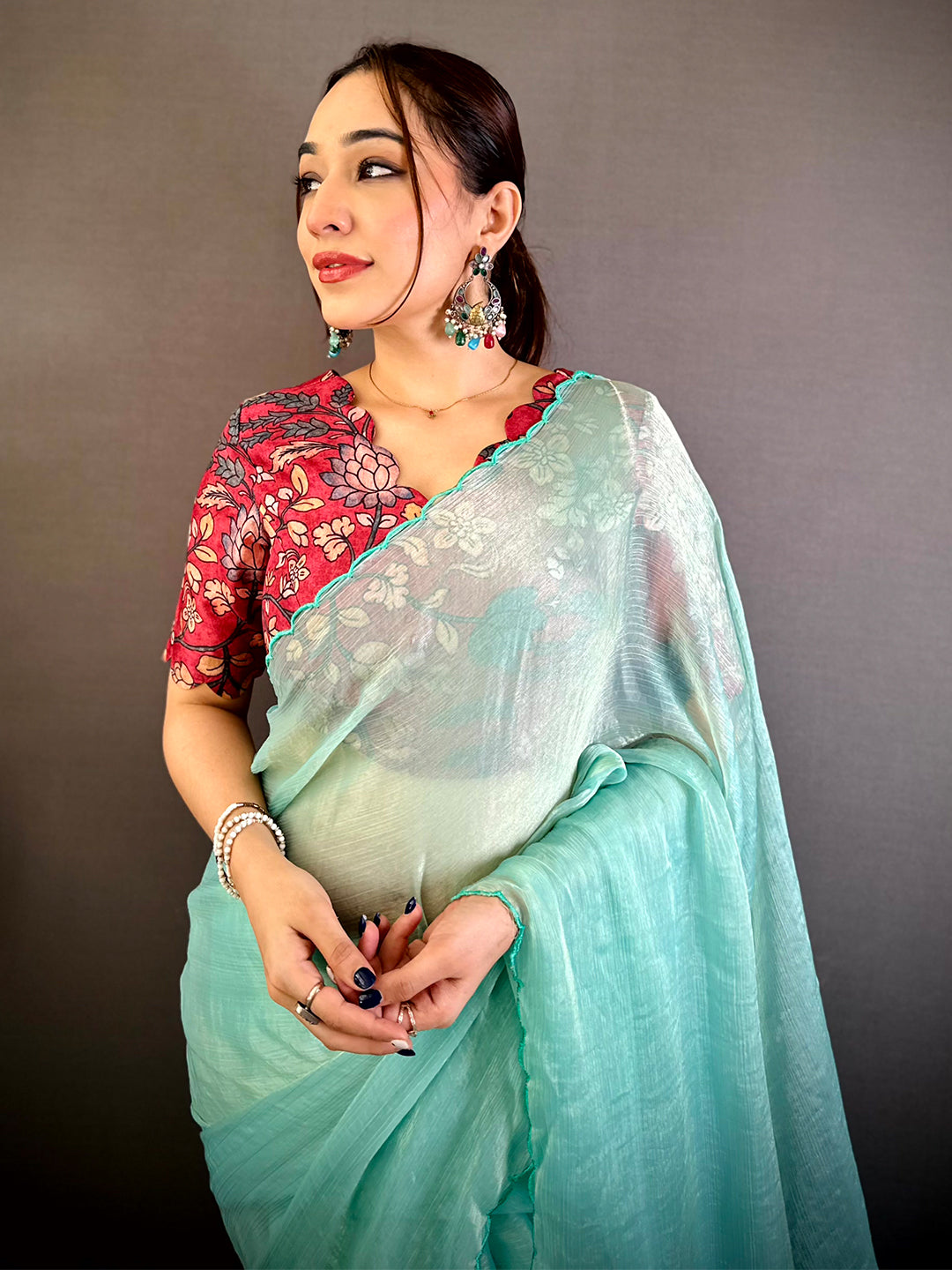Elegant Aqua Resham Work Chiffon Saree