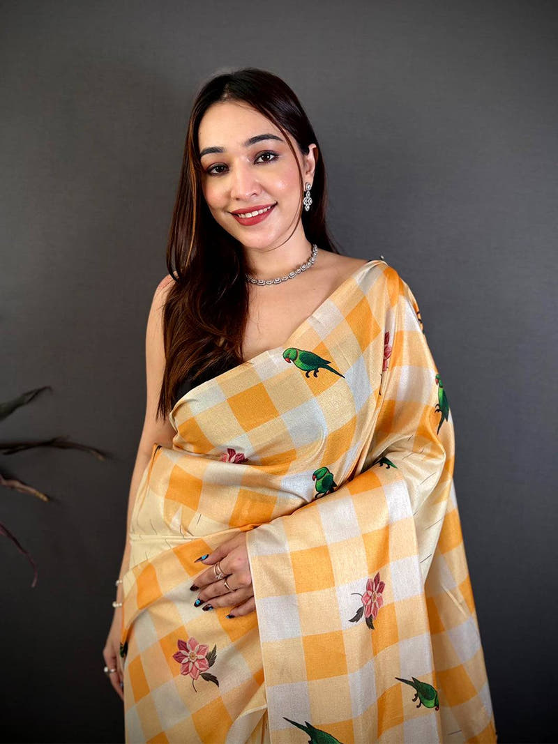 Heritage Parrot Print Soft Tussar Saree
