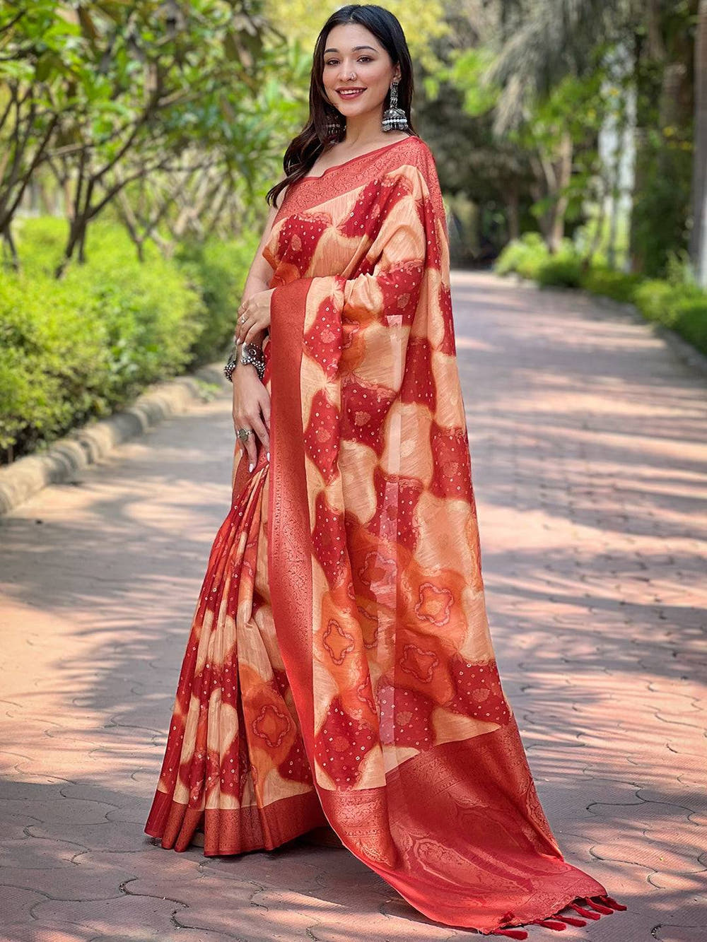 Peach Digital Block Placement Print Saree

