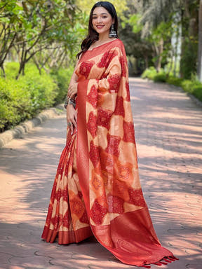 Peach Digital Block Placement Print Saree

