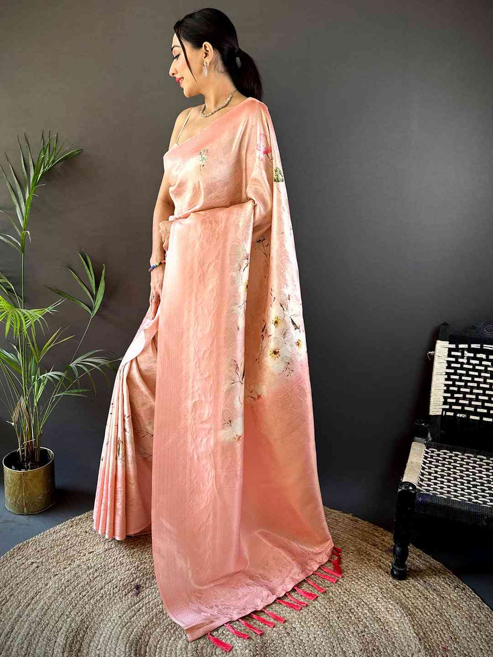 Pastel Peach Kanjivaram Digital Silk Saree