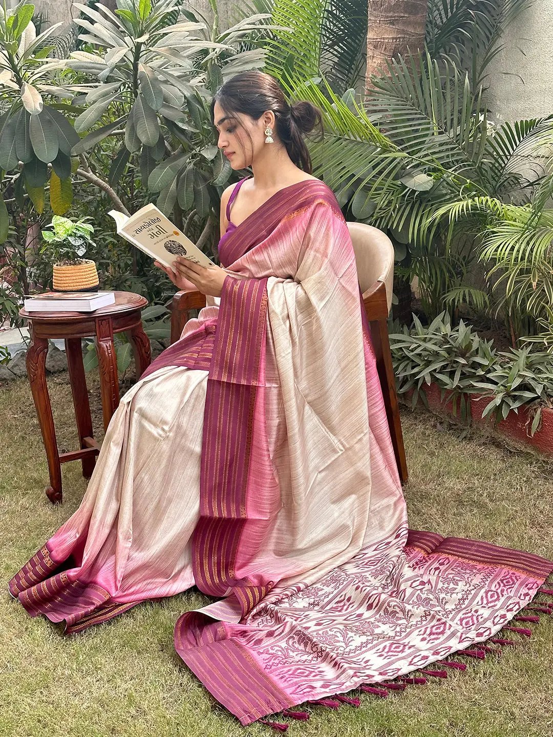 Wine Colour Ikkat Motifs & Paisley Prints on Ghicha Saree