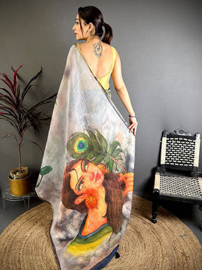 Grey Pen Kalamkari Linen Saree
