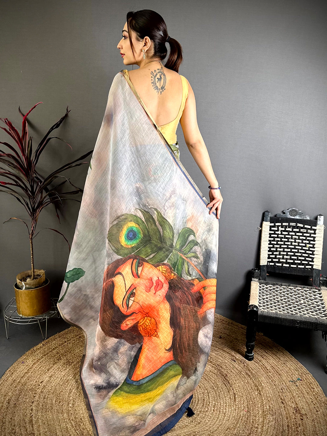 Grey Pen Kalamkari Linen Saree