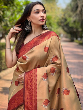 Pine Kanjivaram Tissue Saree With Gold Zari Weaving

