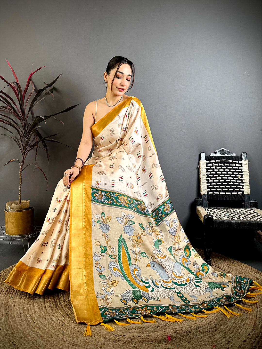 Yellow Soft Dola Silk Warli Print Saree