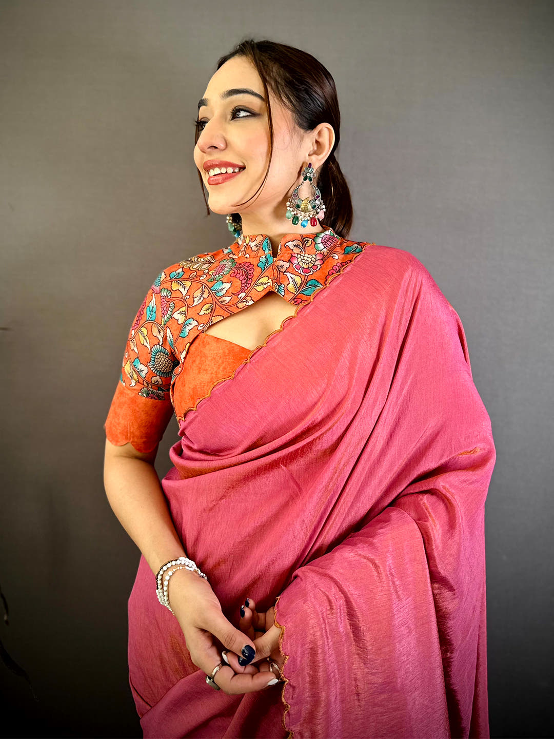 Rose Pink Silk Resham Embroidery Cutwork Saree