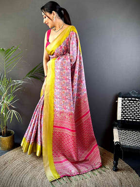 Lavender Tussar Chex Floral Saree