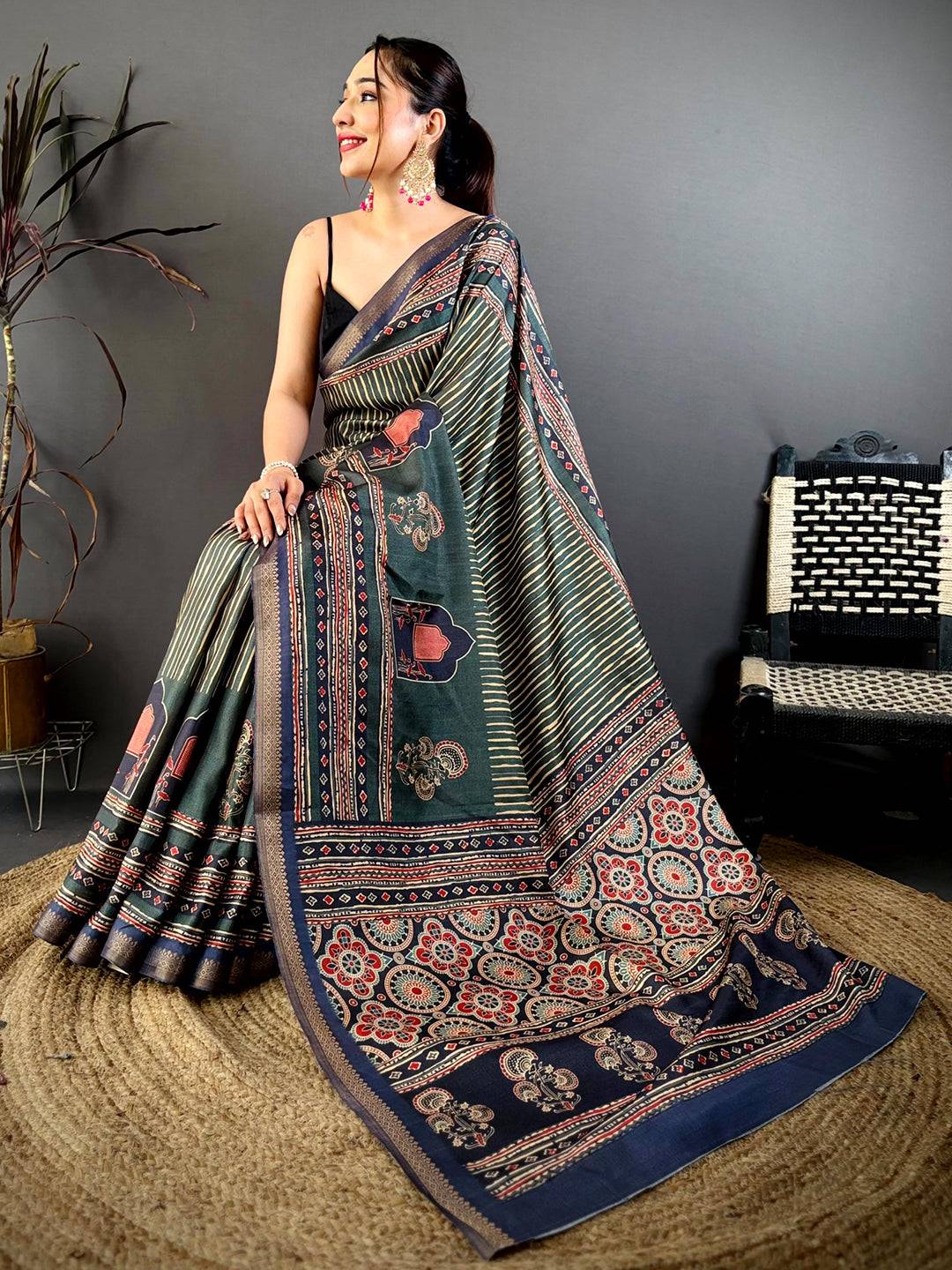 Radiant Block Ajrakh Print Soft Tussar Saree