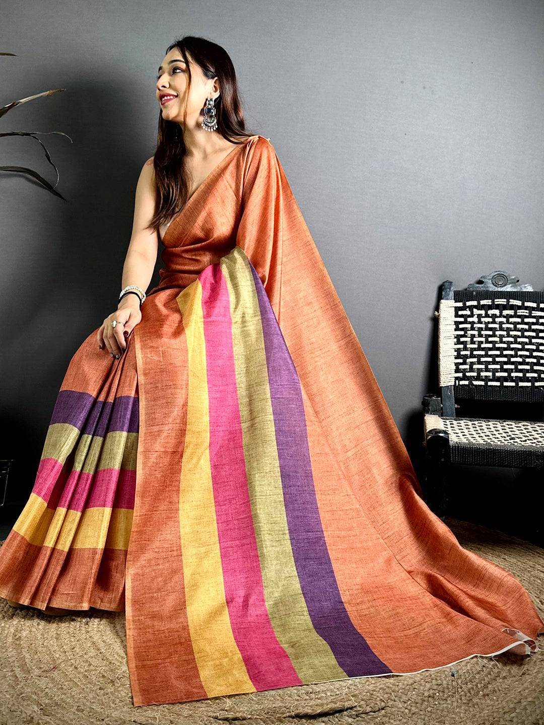 Stylish Ghicha Stripe Digital Tussar Saree