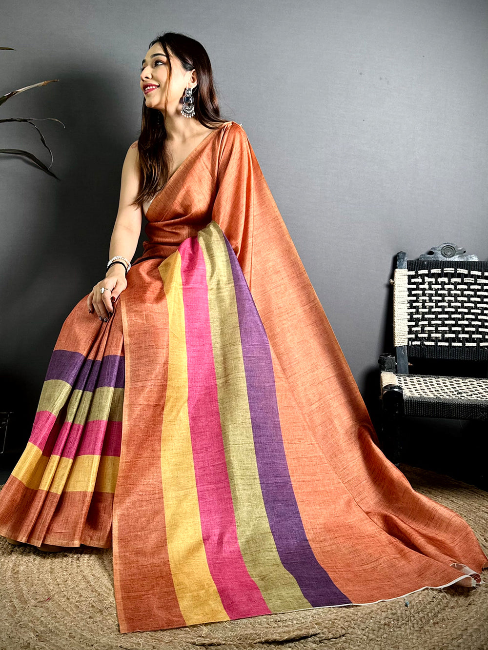 Stylish Ghicha Stripe Digital Tussar Saree
