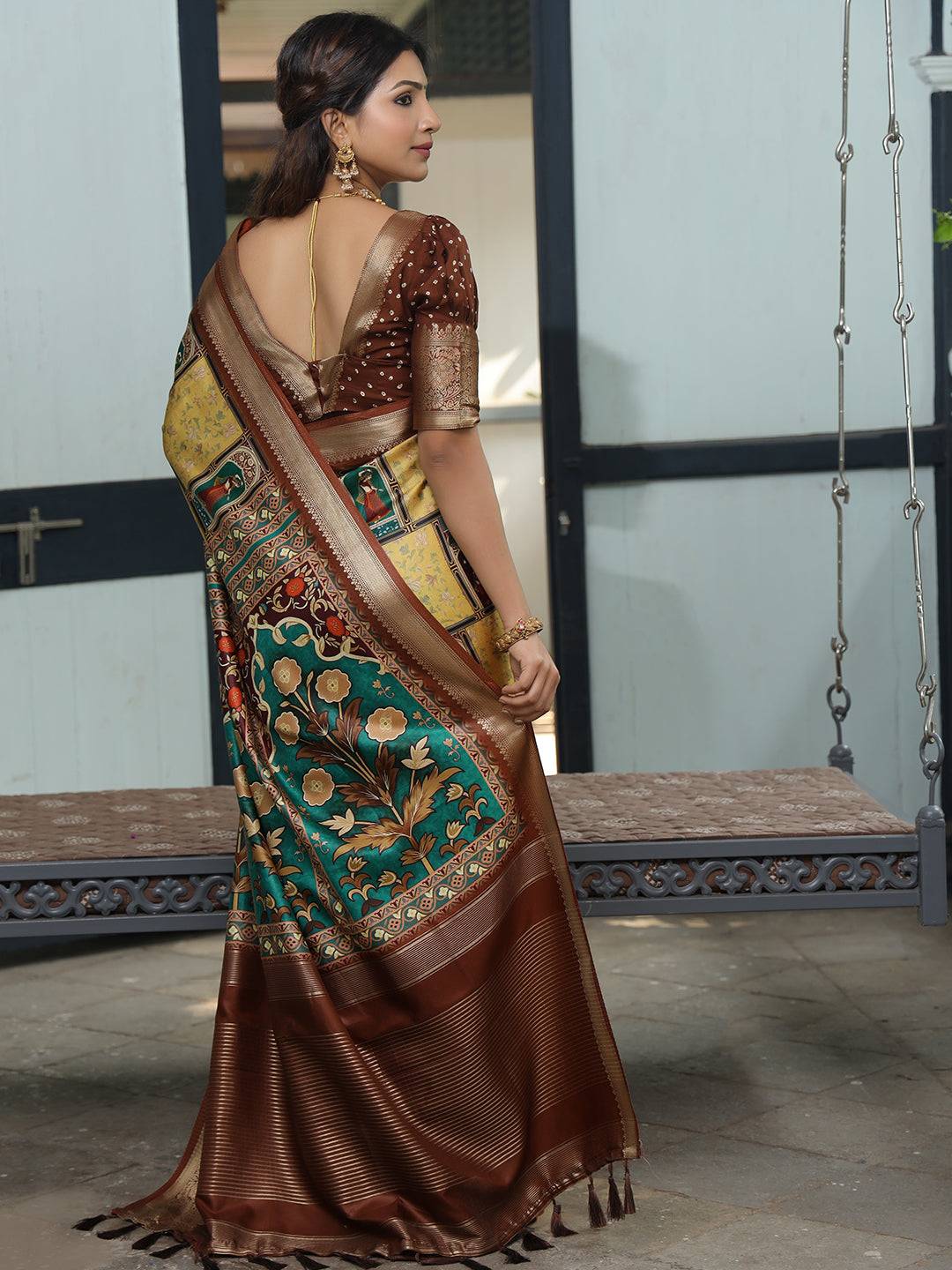 Viscose Dola Silk Mustard Saree with Floral and Mughal Print